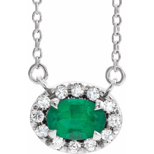 Created Emerald Necklace in Platinum 5x3 mm Oval Cut and .05 Carat Diamond 16 inch Necklace