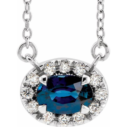 Created Sapphire Necklace in 14 Karat White Gold 6x4 mm Oval Lab Sapphire and 0.10 Carat Diamond 16 inch Necklace