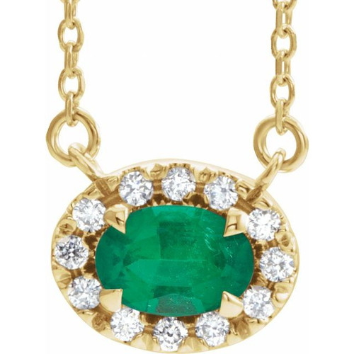Lab Grown Emerald Gem set in 14 Karat Yellow Gold 7x5 mm Oval Cut and 0.16 Carat Diamond 16 inch Necklace