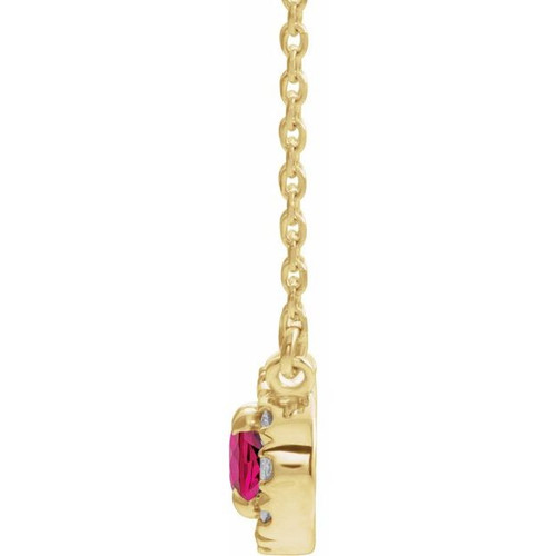 Created Ruby Necklace in 14 Karat Yellow Gold 7x5 mm Oval Lab Ruby and 0.16 Carat Diamond 16 inch Necklace