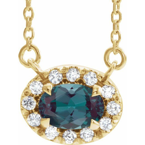 Created Alexandrite Necklace in 14 Karat Yellow Gold 7x5 mm Oval Lab Alexandrite and 0.16 Carat Diamond 18 inch Necklace