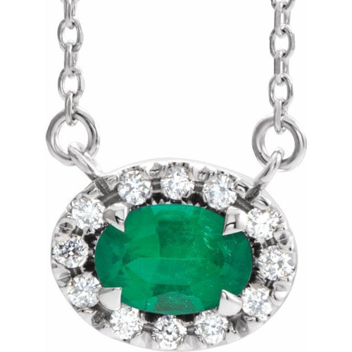 Created Emerald Necklace in Sterling Silver 7x5 mm Oval Cut and 0.16 Carat Diamond 16 inch Necklace