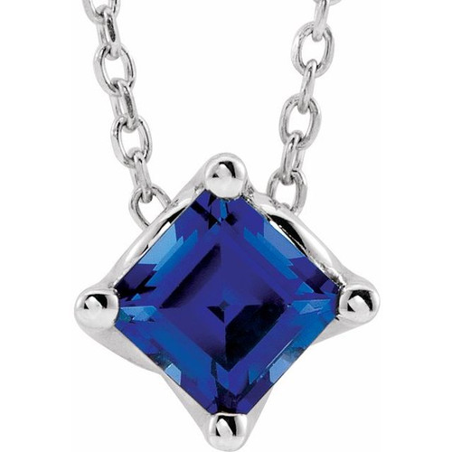 Lab Sapphire Gem in Sterling Silver 5 mm Square Lab  Sapphire Solitaire 16 inch Necklace