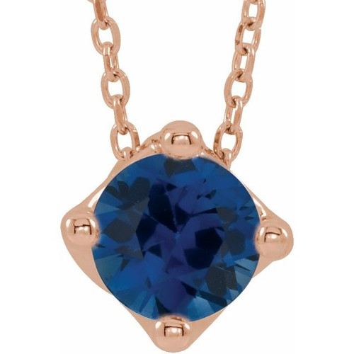 Created Sapphire Necklace in 14 Karat Rose Gold 6 mm Round Lab Sapphire Solitaire 16 inch Necklace