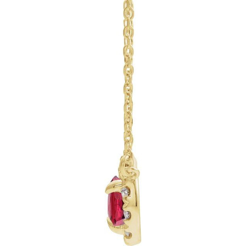 Created Ruby Necklace in 14 Karat Yellow Gold 5x3 mm Pear Lab Ruby and 0.12 Carat Diamond 18 inch Necklace