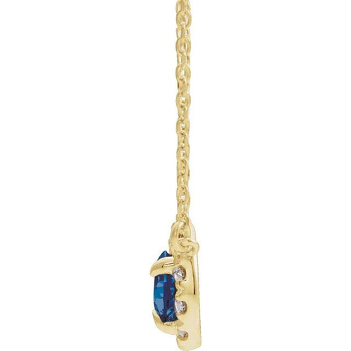 Created Sapphire Necklace in 14 Karat Yellow Gold 5x3 mm Pear Lab Sapphire and 0.12 Carat Diamond 16 inch Necklace