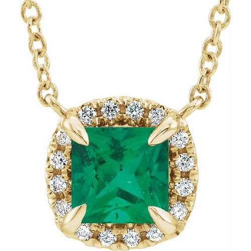 Lab Grown Emerald Gem set in 14 Karat Yellow Gold 3x3 mm Square Lab Emerald and .05 Carat Diamond 18 inch Necklace