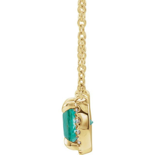 Lab Grown Emerald Gem set in 14 Karat Yellow Gold 4 mm Square Lab Emerald and .05 Carat Diamond 18 inch Necklace