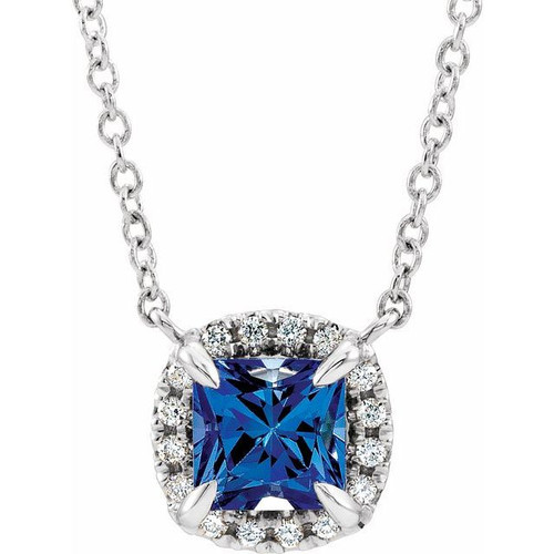 Lab Sapphire Gem in Sterling Silver 4 mm Square Lab  Sapphire and .05 Carat Diamond 16 inch Necklace
