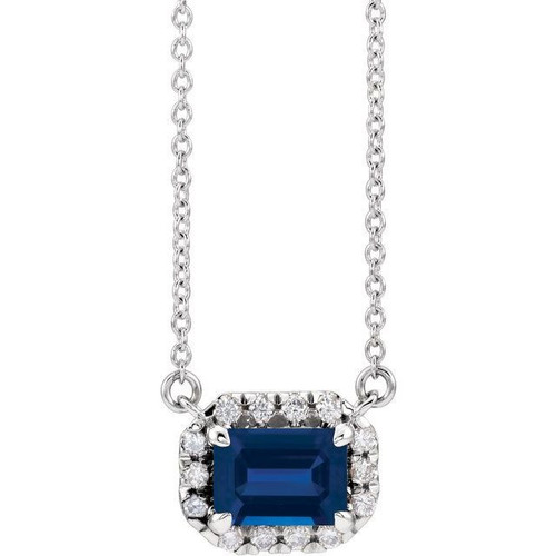 Created Sapphire Necklace in 14 Karat White Gold 7x5 mm Emerald Lab Sapphire and 0.20 Carat Diamond 16 inch Necklace