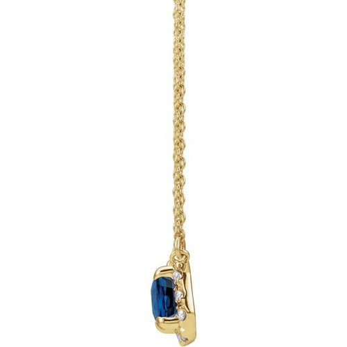 Created Sapphire Necklace in 14 Karat Yellow Gold 7x5 mm Emerald Lab Sapphire and 0.20 Carat Diamond 18 inch Necklace