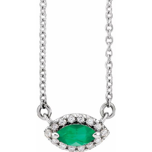Lab Grown Emerald Gem set in 14 Karat White Goldand .05 Carat Diamond Halo Style 16 inch Necklace