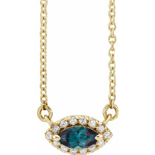 Created Alexandrite Necklace in 14 Karat Yellow Gold Lab Alexandrite and .05 Carat Diamond Halo Style 18 inch Necklace