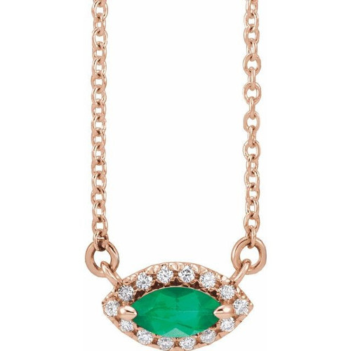 Lab Grown Emerald Gem set in 14 Karat Rose Gold and .05 Carat Diamond Halo Style 16 inch Necklace