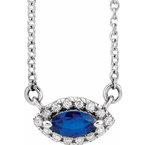 Lab Sapphire Gem in Sterling Silver Lab  Sapphire and .05 Carat Diamond Halo Style 16 inch Necklace