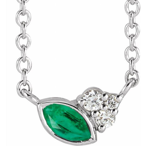 Lab Grown Emerald Gem set in 14 Karat White Goldand .03 Carat Diamond 16 inch Necklace