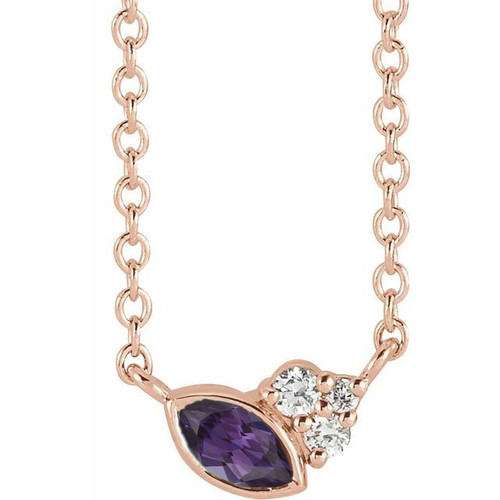 14 Karat Rose Gold Lab Alexandrite and .03 Carat Diamond 18 inch Necklace