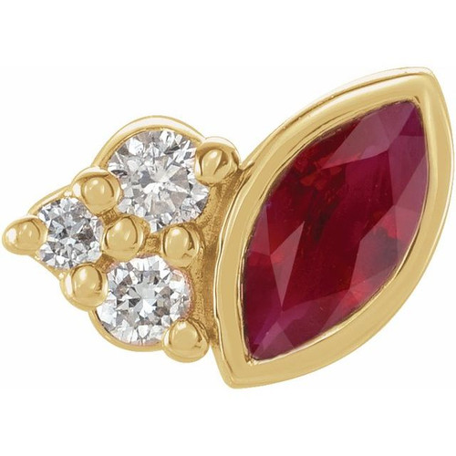 14 Karat Yellow Gold Grown Ruby and .03 Carat Diamond Right Earring