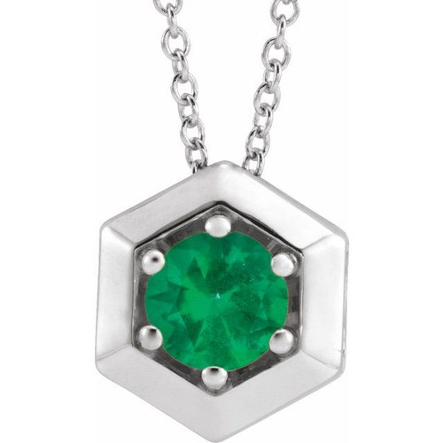 Lab Grown Emerald Gem set in 14 Karat White GoldGeometric 16 inch Necklace