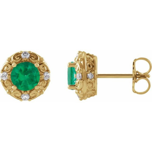 14 Karat Yellow Gold 5 mm Lab Grown Emerald and 0.16 Carat Natural Diamond Halo Style Earrings