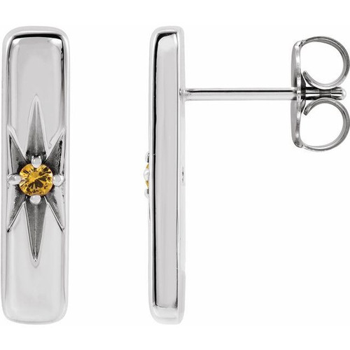 Platinum Natural Yellow Blue Sapphire Starburst Bar Earrings