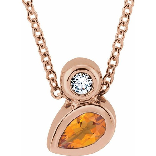 14 Karat Rose Gold 5x3 mm Pear  Citrine and .03 Carat Diamond 16 inch Necklace