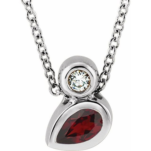 Platinum 5x3 mm Pear Mozambique Garnet and .03 Carat Diamond 16 inch Necklace