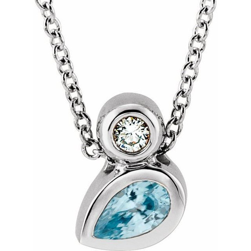 Sterling Silver 5x3 mm Pear Blue Zircon and .03 Carat Diamond 16 inch Necklace