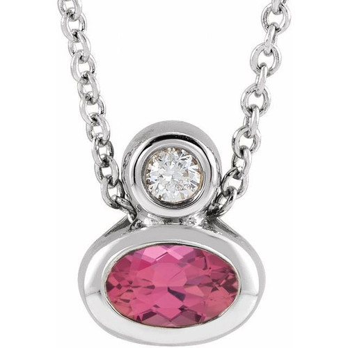 14 Karat White Gold 5x3 mm Oval  Pink Tourmaline and .03 Carat Diamond 16 inch Necklace