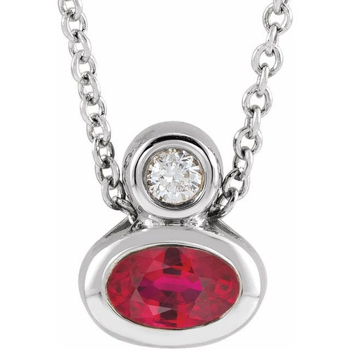 14 Karat White Gold 5x3 mm Oval  Ruby and .03 Carat Diamond 16 inch Necklace