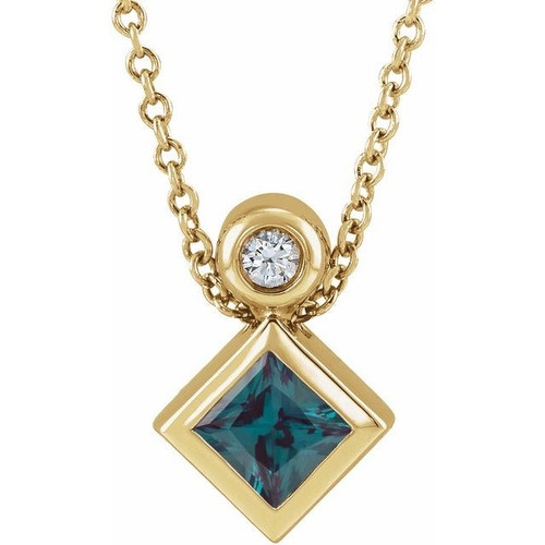 14 Karat Yellow Gold 4 mm Square Lab Grown Alexandrite and .03 Carat Natural Diamond 16 inch Necklace