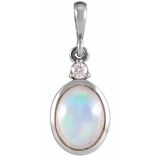14 Karat White Gold 8x6 mm White Ethiopian Opal and .03 Carat Diamond Pendant