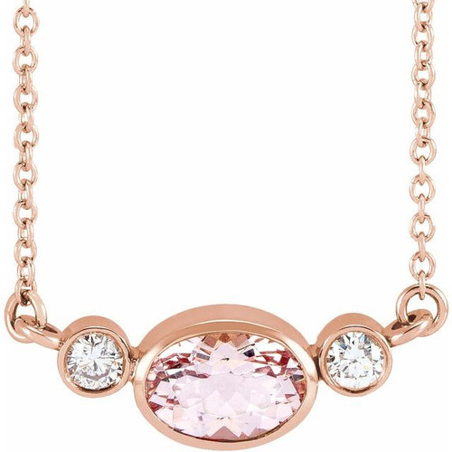 14 Karat Rose Gold Pink Morganite and 0.12 Carat Diamond Bezel Set 16 inch Necklace