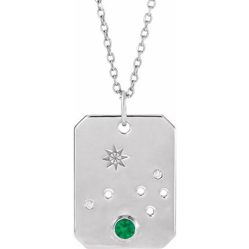 14 Karat White Gold Natural Emerald and .0075 Carat Natural Diamond Aries Zodiac 16 inch Necklace