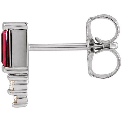 14 Karat White Gold Natural Ruby and .02 Carat Natural Diamond Bar Earring