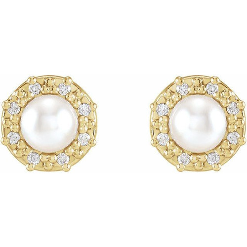 14 Karat Yellow Gold Cultured White Akoya Pearl and .07 Carat Natural Diamond Halo Style Earrings