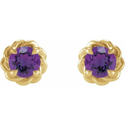 14 Karat Yellow Gold 4 mm Natural Amethyst Claw Prong Rope Earrings