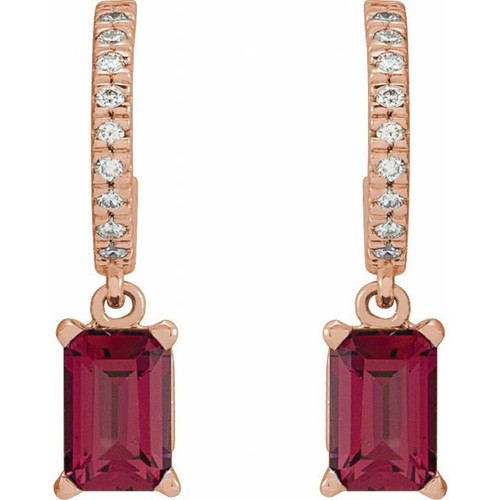 14 Karat Rose Gold Rhodolite Garnet and .08 Carat Diamond French Set Hoop Earrings