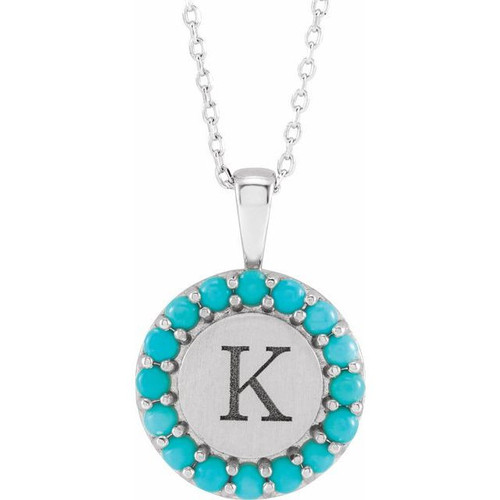 14K White Natural Turquoise Engravable Halo Style 16 inch Necklace