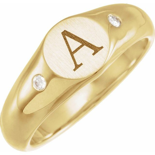 Yellow Gold Ring 14 Karat  .06 Carat Natural Diamond 8.6 mm Round Signet Ring