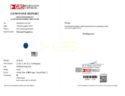 Blue Sapphire Rare GRS Royal Blue, Oval, 8.58 Carats - 12.81x10.23x7.89mm