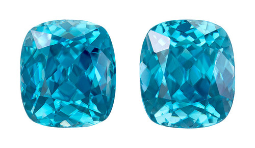 Pair of Cushion Cut Blue Zircon Gems - 10.72 Carats - 9.3x8.2mm