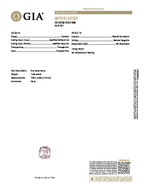 GIA Certified Baby Pink Sapphire - No Heat - Cushion Cut - 1.68 Carat Weight - 7.02x6.38x4.18mm