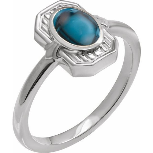 14 Karat White Gold Natural London Blue Topaz Cabochon Ring