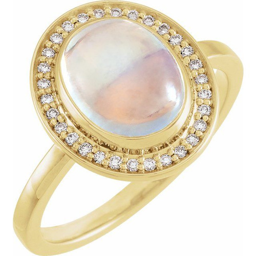 14 Karat Yellow Gold Natural Rainbow Moonstone and 0.12 Carat Natural Diamond Halo Ring