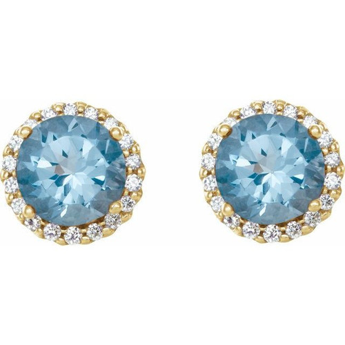 Round Cut Aquamarine Gems Set in 14 Karat Yellow Gold and 0.20 Carat Diamond Earrings