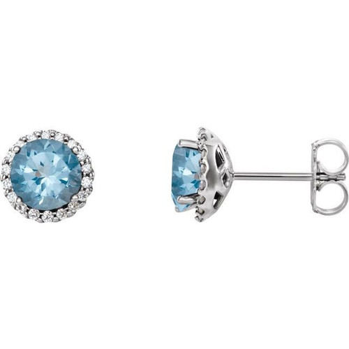 Round Cut Aquamarine Gems Set in 14 Karat White Gold and 0.12 Carat Diamond Earrings
