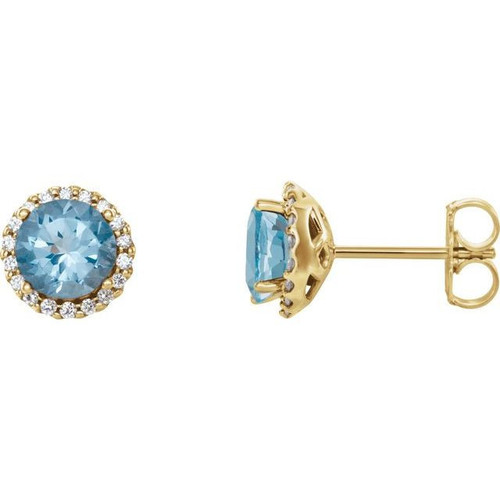 Round Cut Aquamarine Gems Set in 14 Karat Yellow Gold and 0.12 Carat Diamond Earrings