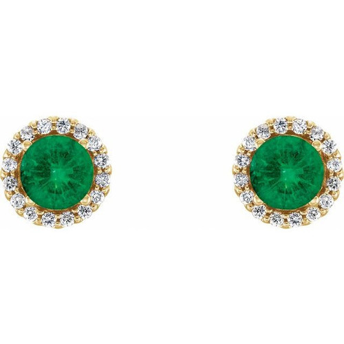 Created Emerald Earrings in 14 Karat Yellow Gold  Created Emerald and 0.16 Carat Diamond Earrings