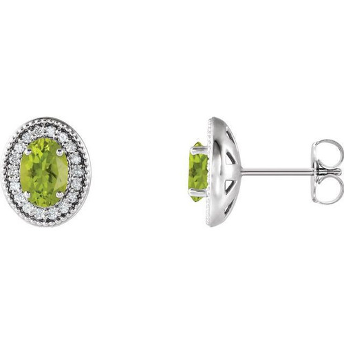 Peridot Earrings in Platinum and 0.20 Carat Diamond Halo Earrings